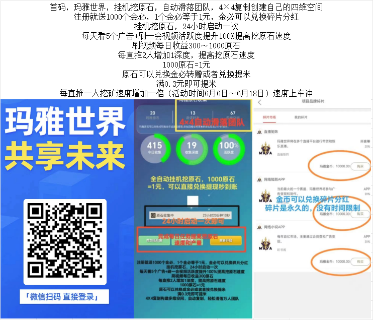 首码，玛雅世界，卦机挖原石，自动滑落团队，4×4复制创建自己的四维空间