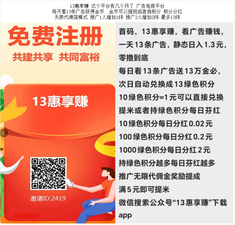 13惠享赚 1个广告1块钱 这个平台有几个月了 广告电商平台