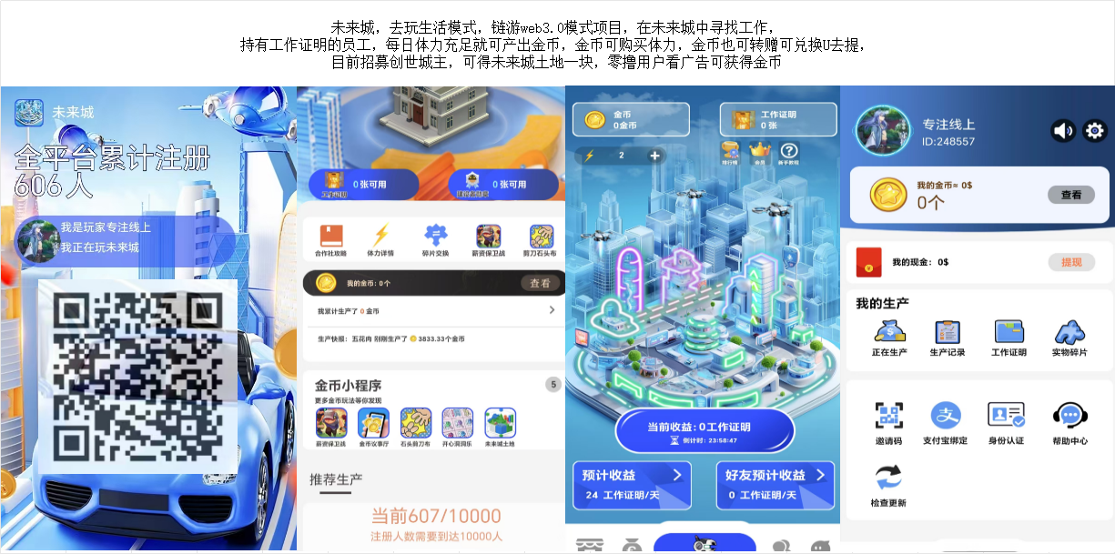 未来城，去玩生活模式，链游web3.0模式项目，在未来城中寻找工作，