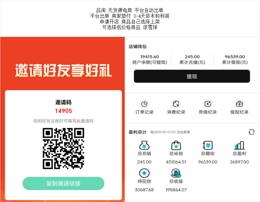 品淘 无货源电商 平台自动出单可选择低价格商品 滚雪球