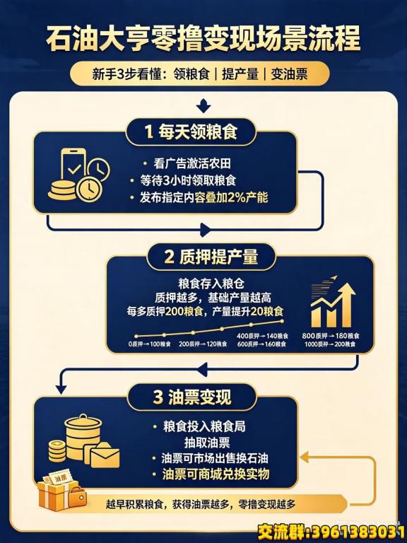 新项目每天一个广告保底给100粮食，产粮食粮食质押获得粮票粮票换石油，一个石油1.2 走我码包回收石油